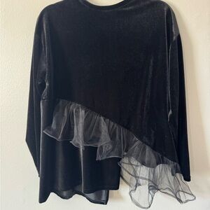 Elegant Black Velvet Women's Top with Sheer Ruffle
